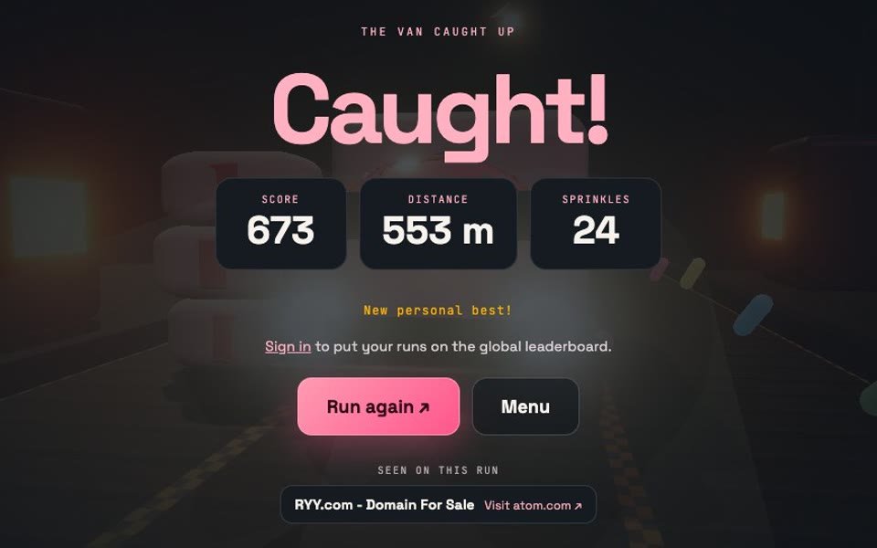 The end of a Doughnut Run, listing RYY.com under Seen on this run