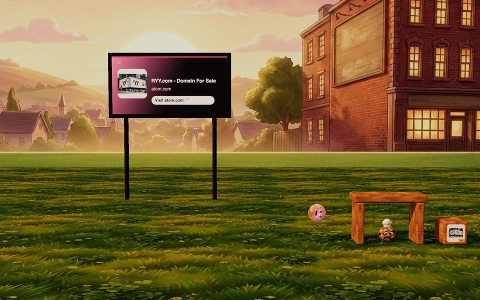 An advert on the billboard behind a bakery fortress in Doughnut Slingshot