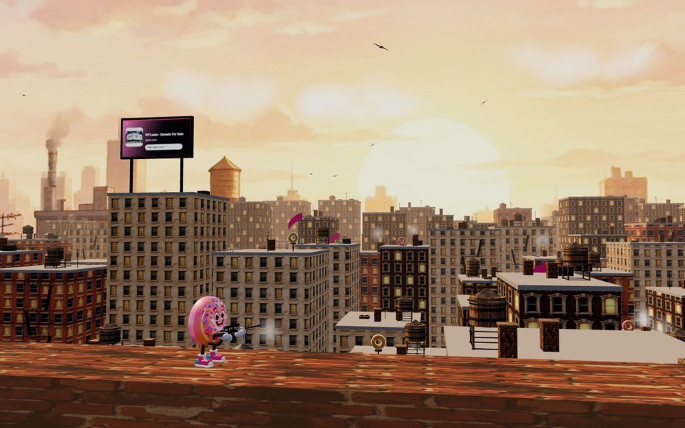 An advert on the billboard on top of a tower in the Doughnut Sniper skyline