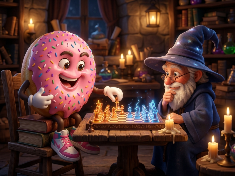 Sprinkles facing the wizard in Doughnut Chess.