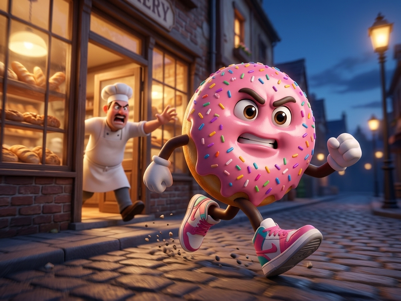 Sprinkles running from the bakery in Doughnut Run, a free 3D doughnut chase game.