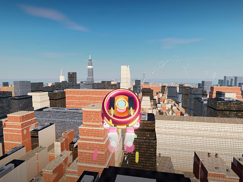 Sprinkles in pink and gold flight armour soaring over real Manhattan in Doughnut Run 2.