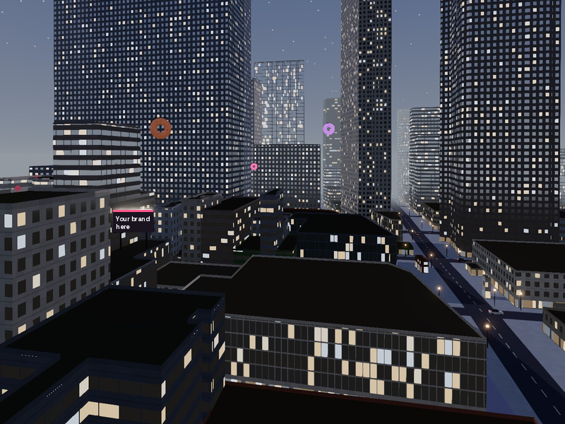 Night over a 3D city of lit towers with doughnut targets in Doughnut Sniper 2.