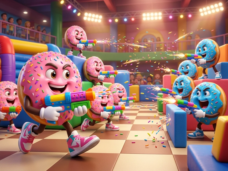 Sprinkles leads the pink Doughnuts against the blue Donuts with toy sprinkle blasters in Doughnut Vs Donut.