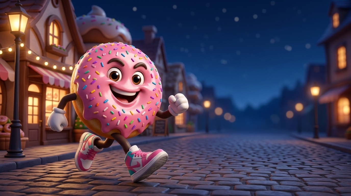 Sprinkles the doughnut running through Doughnut Town at night.