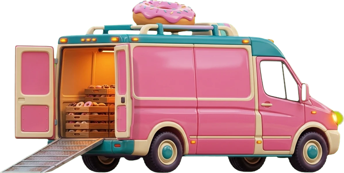 The pink Doughnut Escape getaway van, ready for your logo